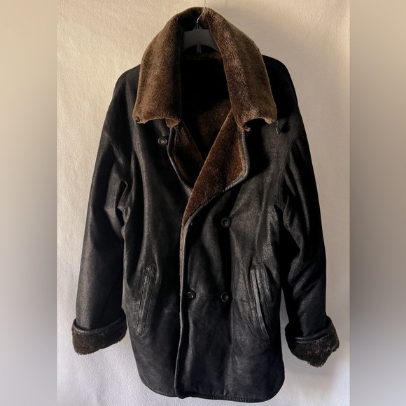 Charles Klein Size Medium Black Suede Brown Faux Fur Reversible Buttoned Jacket - Picture 1 of 16